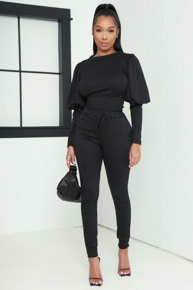 Fashion Autumn/Winter Solid Balloon Sleeve Two-Piece Pants Set