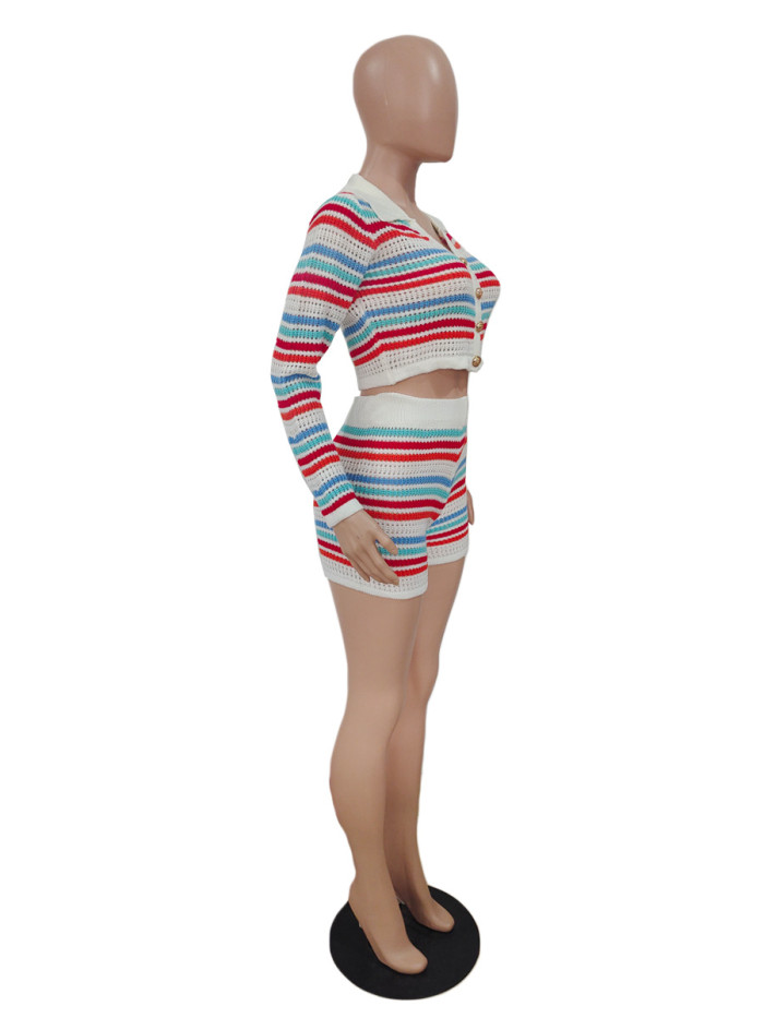 Women's Fashion Turndown Collar Button-Up Long-Sleeve Striped Color-Block Knitting Suit Two-Piece Set