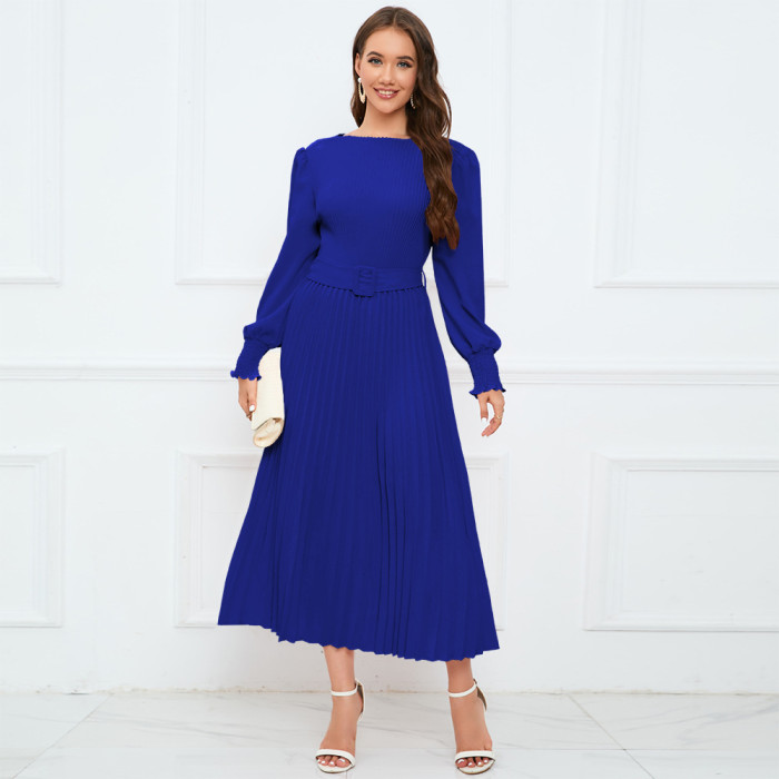 Autumn/Winter Round Neck Puff Long Sleeve Pleated A-Line Midi Dress