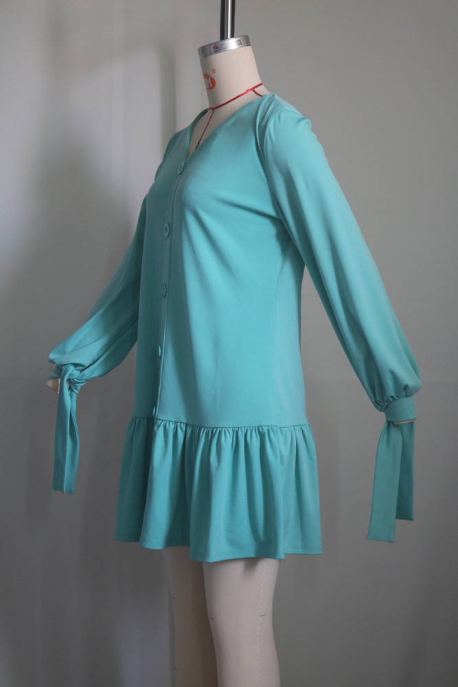 Women's Fashion Casual V-Neck Long Sleeve Ruffled Pleated Dress