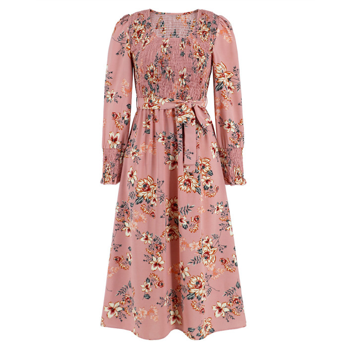 Fall Women's Vintage Long Sleeve Floral Midi Dress
