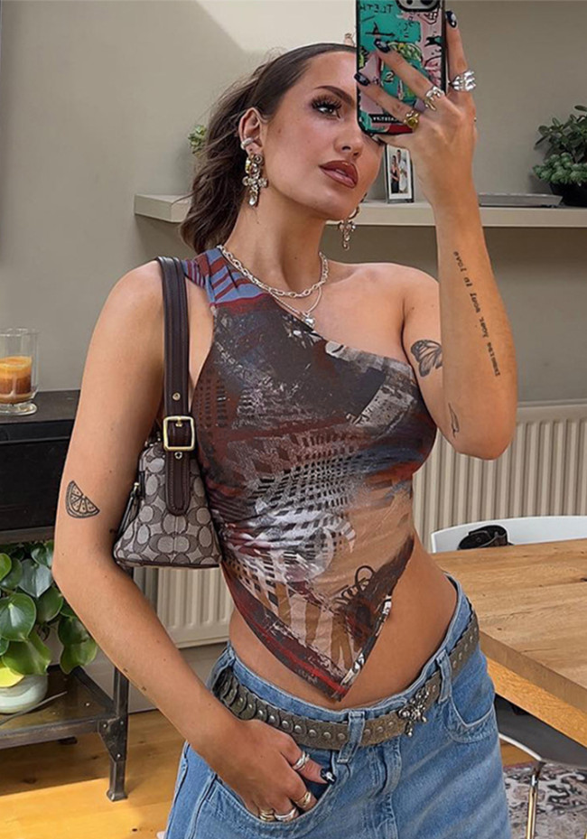 Women Summer Street Print Sleeveless One Shoulder Slash Shoulder Crop Top