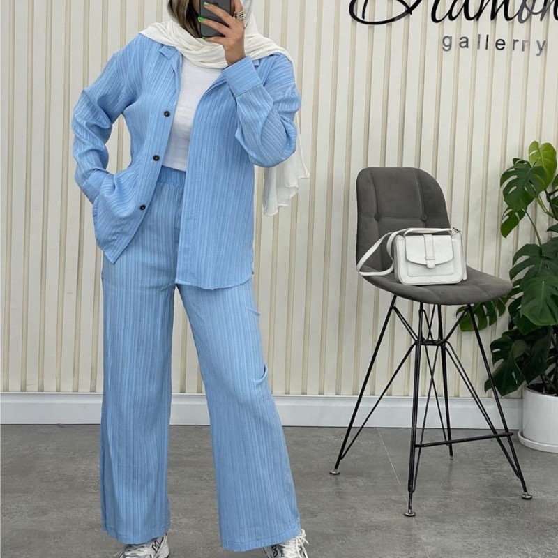 Women Casual Long Sleeve Shirt and High Waist Straight Pants Two-Piece Set