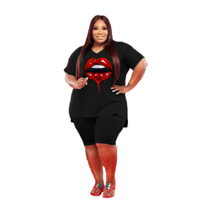Women's V Neck Plus Size Casual Two-Piece Shorts Set
