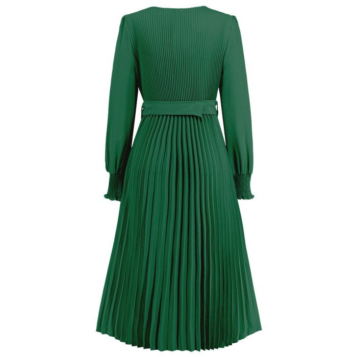 Autumn/Winter Round Neck Puff Long Sleeve Pleated A-Line Midi Dress