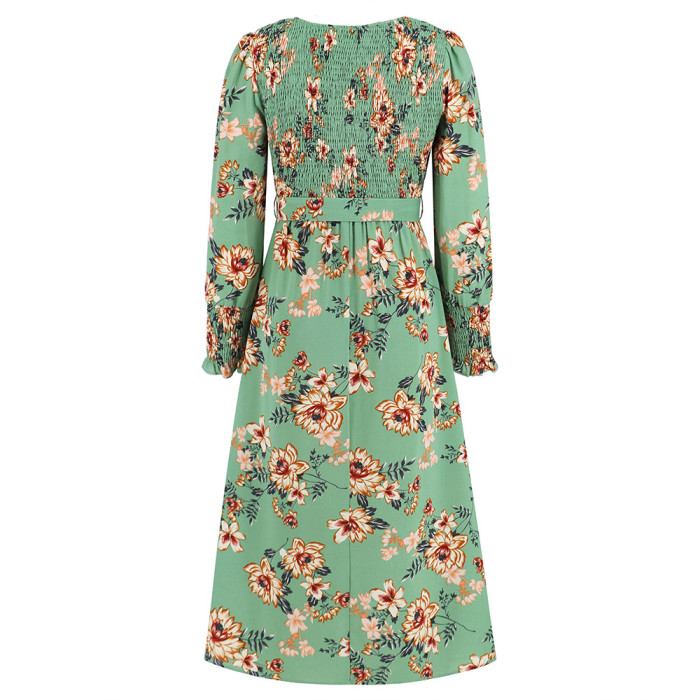Fall Women's Vintage Long Sleeve Floral Midi Dress