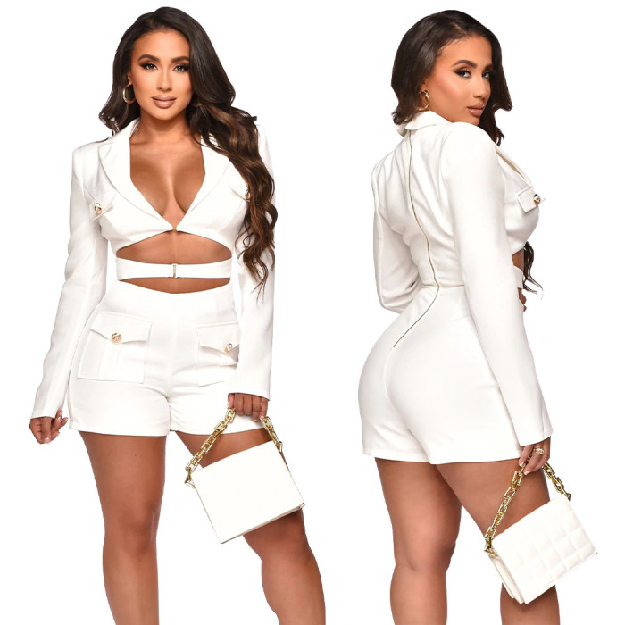 Women's Fashion Pocket Sexy Deep V Solid Color Jumpsuit