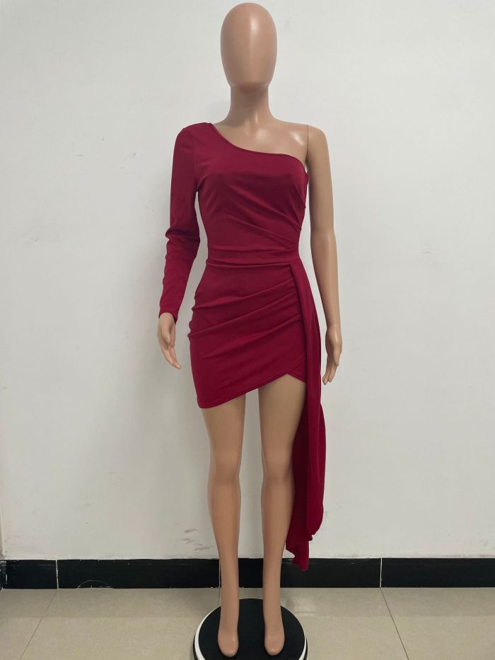 Summer Women's Solid Color Low Back Pleated One Shoulder Long Sleeve  Bodycon Ribbon Dress