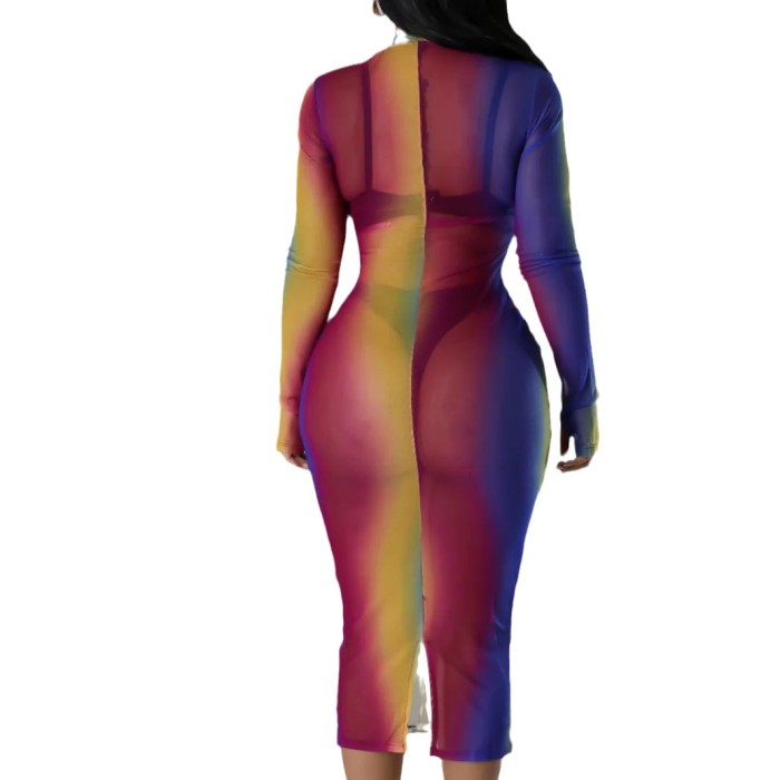 Women Sexy Mesh Bodycon Print Dress
