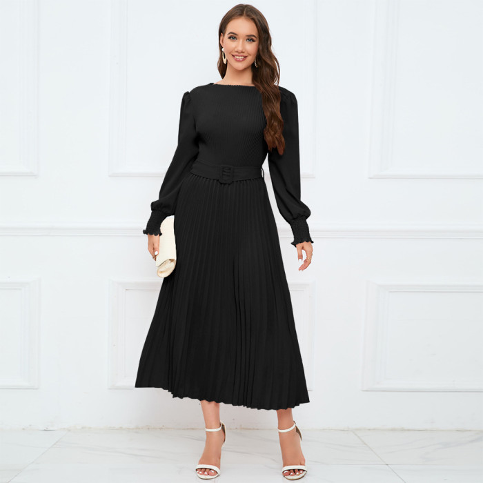 Autumn/Winter Round Neck Puff Long Sleeve Pleated A-Line Midi Dress