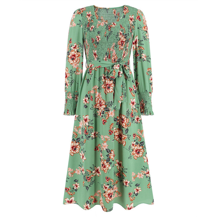 Fall Women's Vintage Long Sleeve Floral Midi Dress