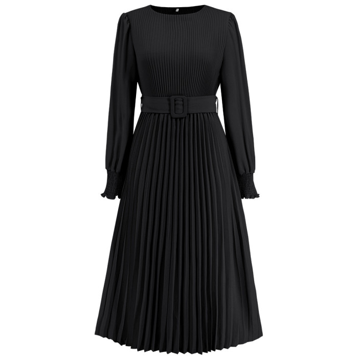 Autumn/Winter Round Neck Puff Long Sleeve Pleated A-Line Midi Dress