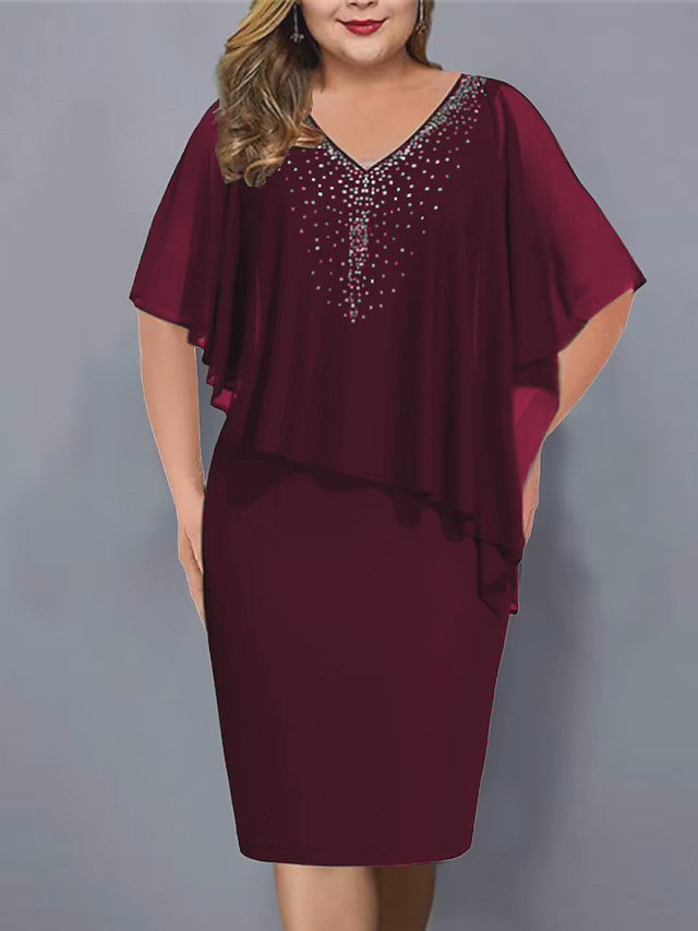 Fall V-Neck Chiffon Shawl Beaded Bodycon Plus Size Women's Dress