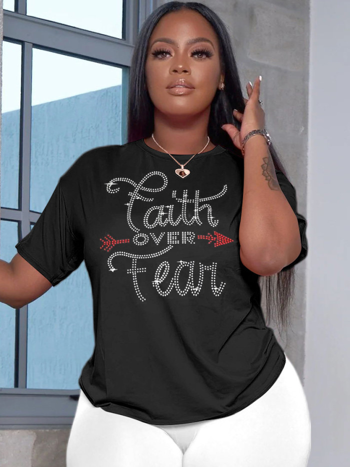 Fashion Ladies Letter Beaded Round Neck Short Sleeve Casual T-Shirt