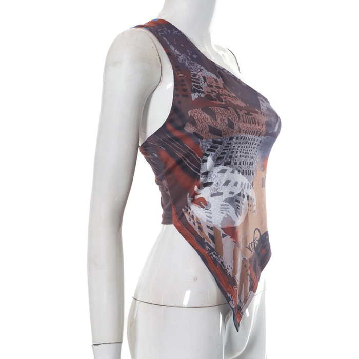 Women Summer Street Print Sleeveless One Shoulder Slash Shoulder Crop Top