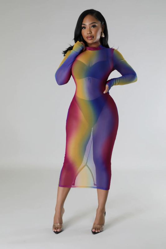 Women Sexy Mesh Bodycon Print Dress