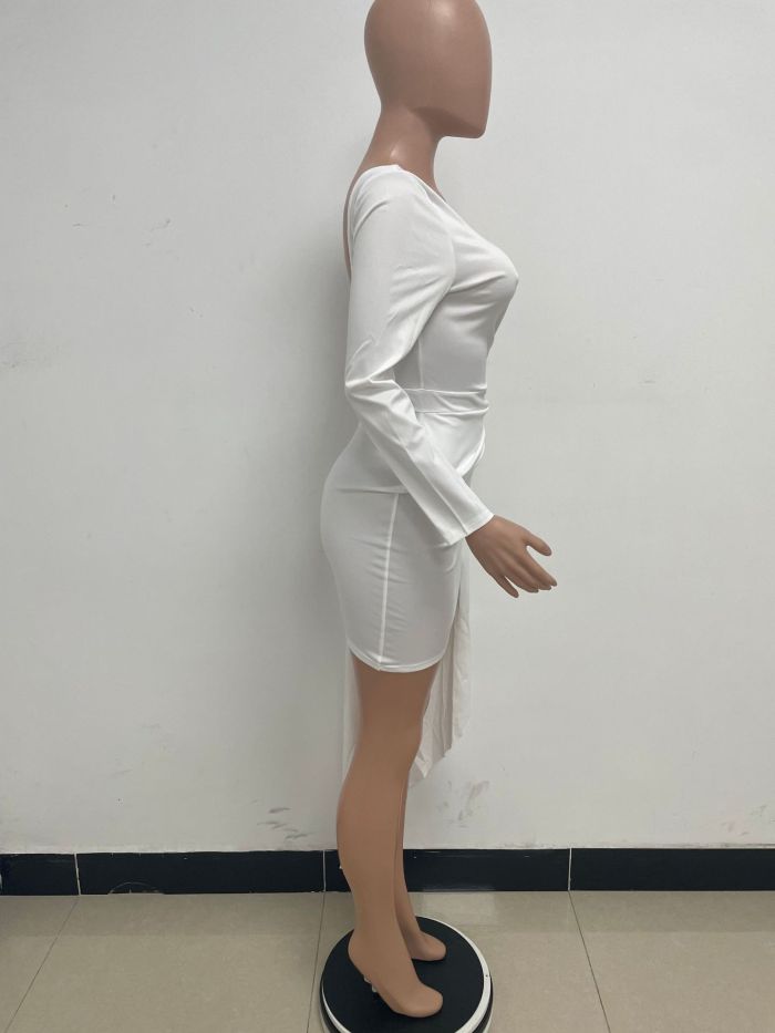 Summer Women's Solid Color Low Back Pleated One Shoulder Long Sleeve  Bodycon Ribbon Dress