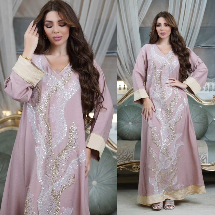 Muslim Robe Beaded Embroidery Fashion Abaya Arab Ladies Home Casual Dress