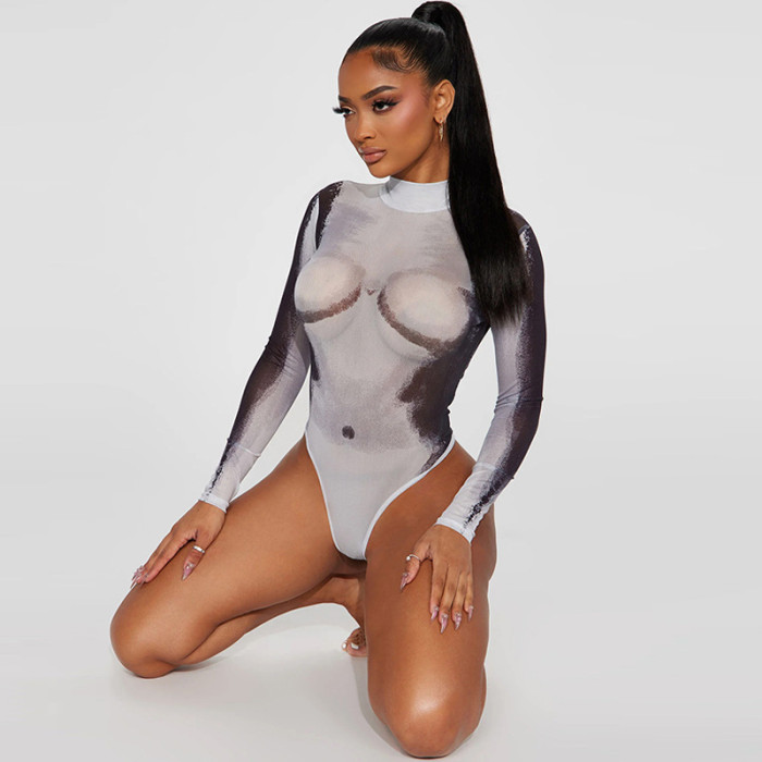 Women Fall Print Sexy Mesh Long Sleeve Romper