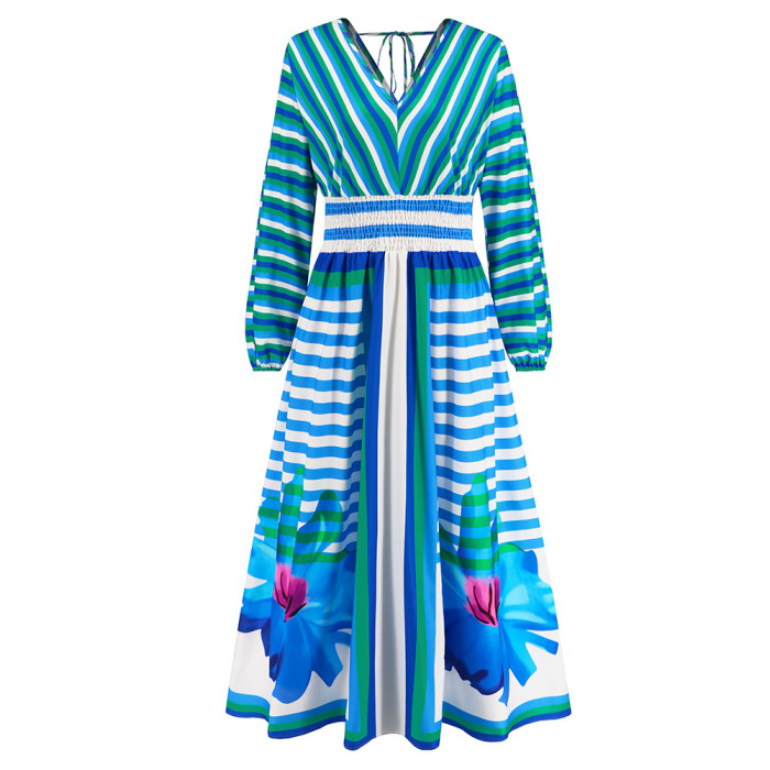 Autumn And Winter Women's Long-Sleeved V-Neck Big Swing A-Line Printed Dress Slim Retro Long Dress
