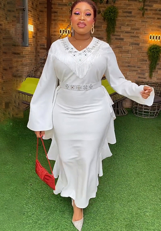 African Plus Size V Neck Chic Career Dress Women's High Waist Long Sleeve Maxi Dress