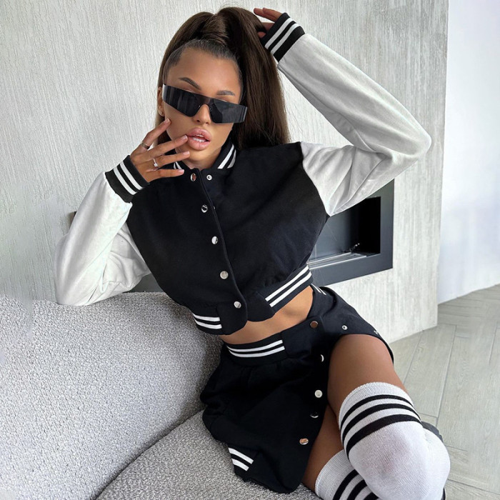 Long-Sleeved Color-Blocking Baseball Uniform Jacket High Waist Button Slit Skirt Autumn Fashion Suit For Women