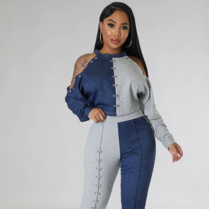 Women's Fall Shoulder Cutout Top Colorblock Metallic Trousers Casual Two Piece Set