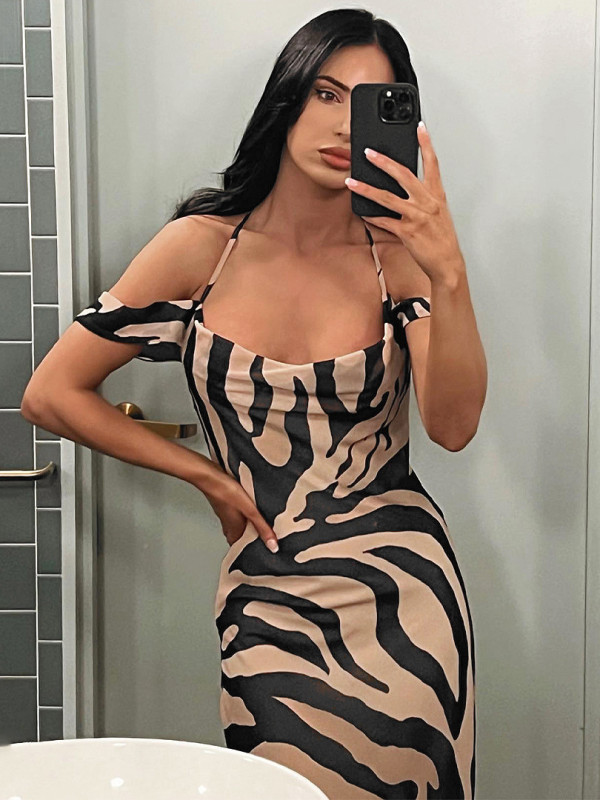 Fashion Printed Slim Dress Autumn Women's Off Shoulder Low Back Strap Dress