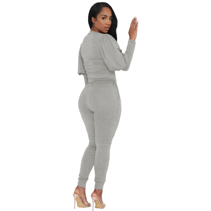 Fashion Autumn/Winter Solid Balloon Sleeve Two-Piece Pants Set