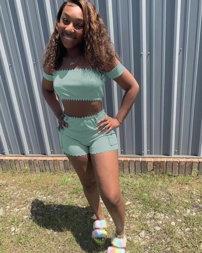 Ribbed Solid Sexy Off Shoulder Two-Piece Shorts Set