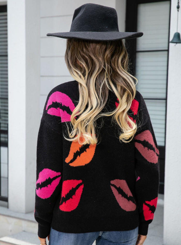 Autumn And Winter Lips Valentine's Day Sweater V-Neck Knitting Pullover Sweater