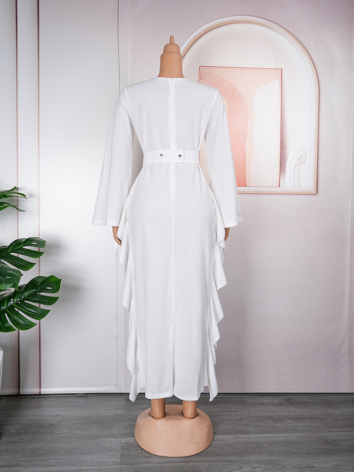 African Plus Size V Neck Chic Career Dress Women's High Waist Long Sleeve Maxi Dress