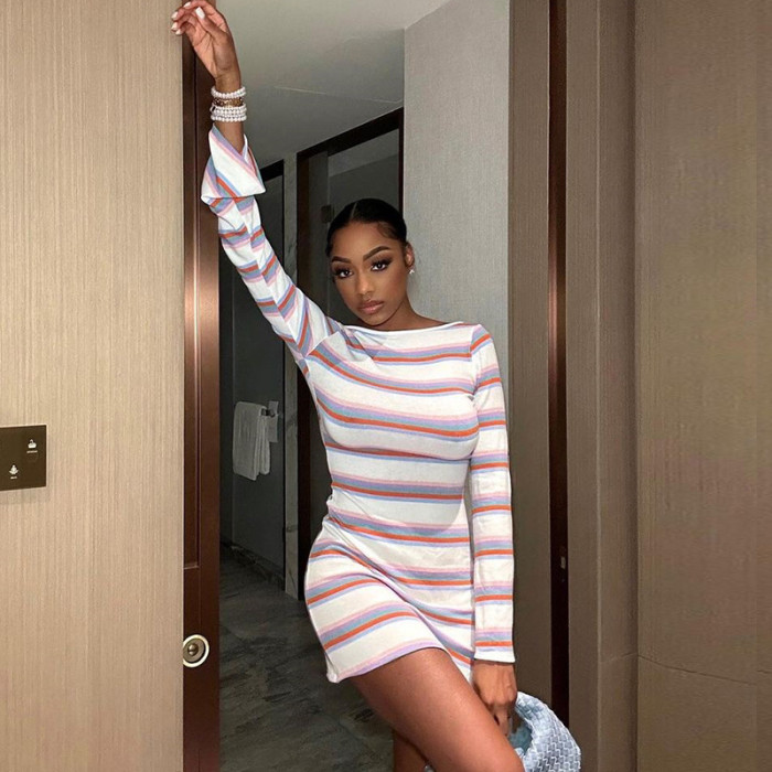 Women Off Shoulder Stripe Bell Bottom Sleeve Dress