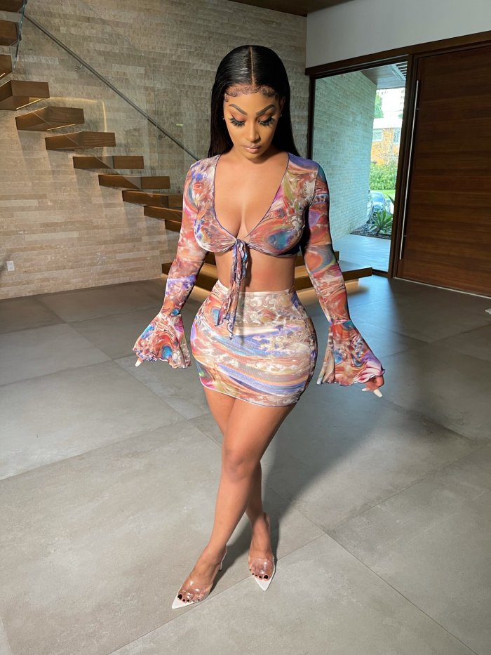 Women Sexy Bell Bottom Sleeve Mesh Print Top and Skirt Two-Piece Set