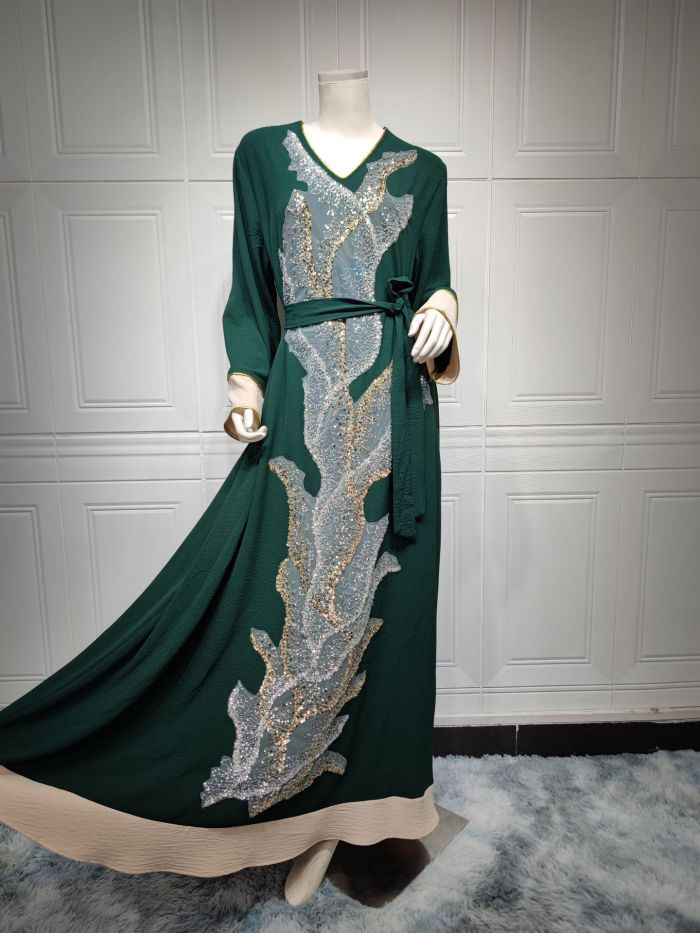 Muslim Robe Beaded Embroidery Fashion Abaya Arab Ladies Home Casual Dress