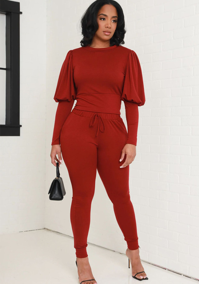 Fashion Autumn/Winter Solid Balloon Sleeve Two-Piece Pants Set