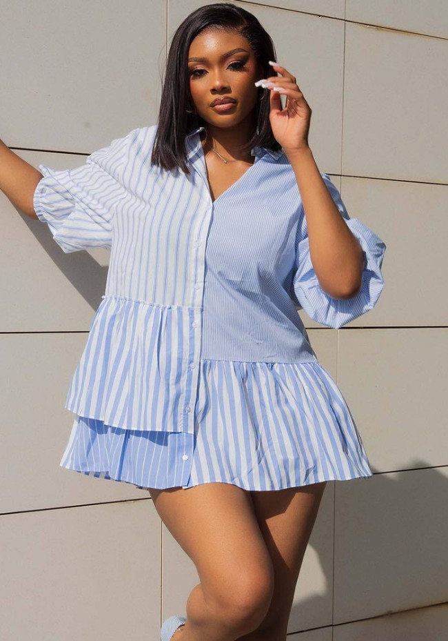 Women Striped Patchwork Short Sleeve Shirt