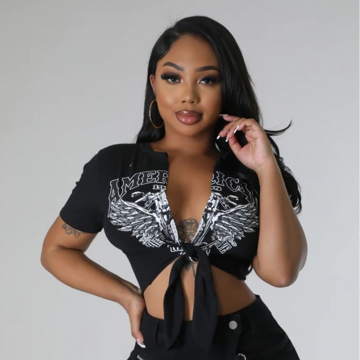 Women Short Sleeve Printed Crop Top and Denim Hakata Two-Piece Set