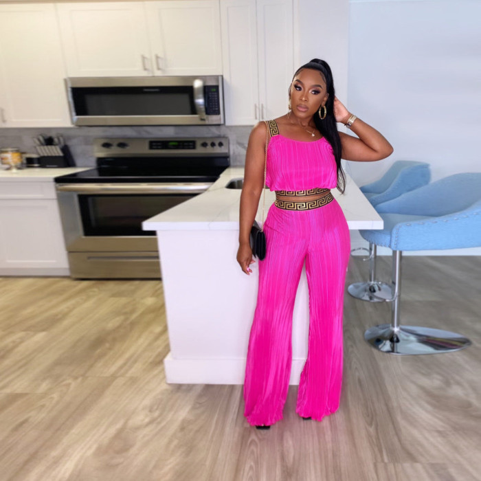Womens Pleated Patchwork Webbing Crop Top and Solid High Waisted Wide Leg Two-Piece Set