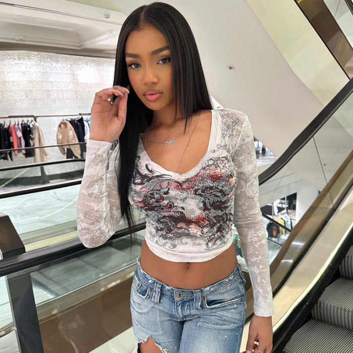 Women Fall Print Crop Long Sleeve T-Shirt