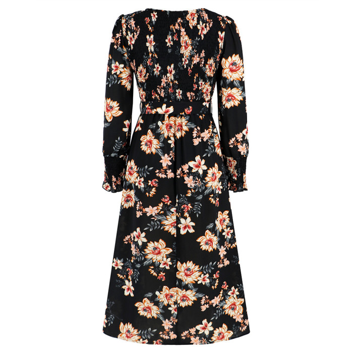 Fall Women's Vintage Long Sleeve Floral Midi Dress