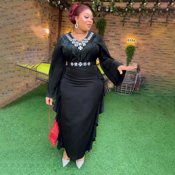 African Plus Size V Neck Chic Career Dress Women's High Waist Long Sleeve Maxi Dress