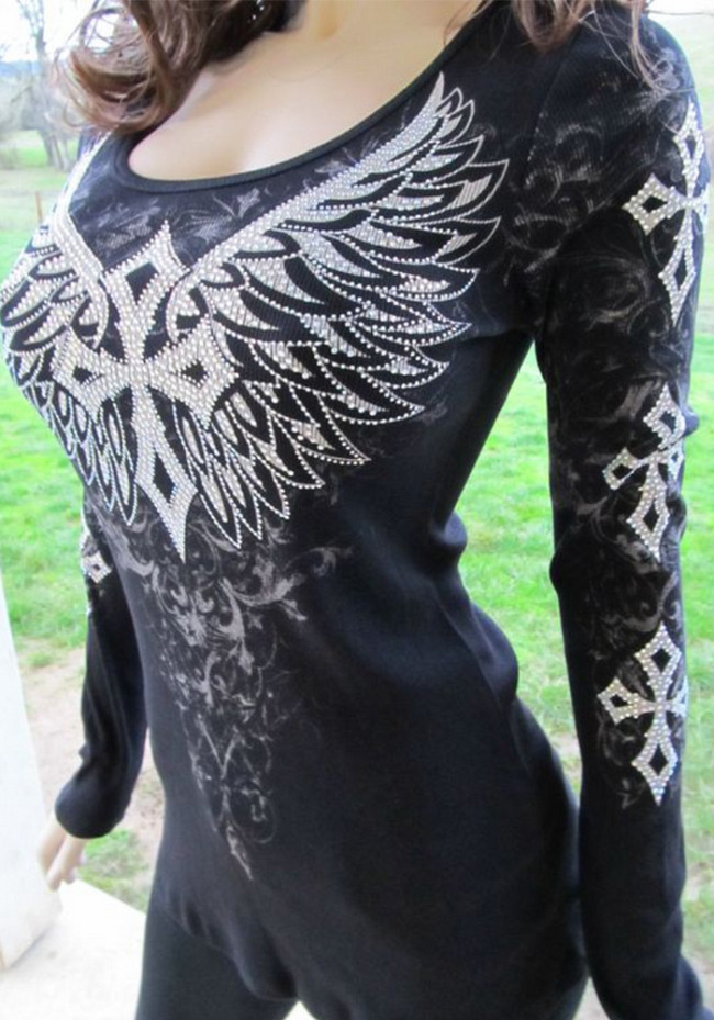 Women Chic Wings Print Long Sleeve Square Neck Top