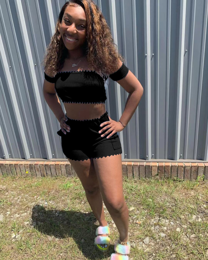 Ribbed Solid Sexy Off Shoulder Two-Piece Shorts Set