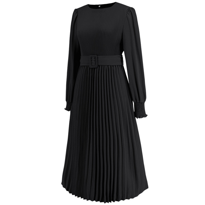 Autumn/Winter Round Neck Puff Long Sleeve Pleated A-Line Midi Dress