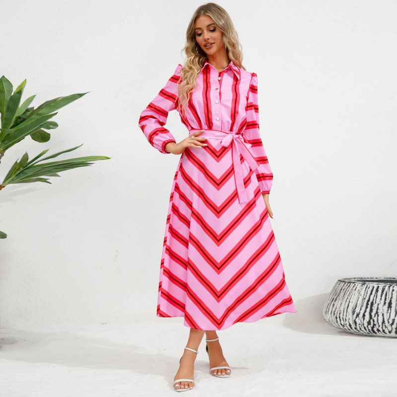 Autumn Winter Fashion Slim Chic Button Cardigan Striped Shirt Dress Women's Clothes