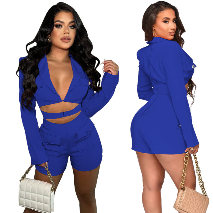 Women's Fashion Pocket Sexy Deep V Solid Color Jumpsuit