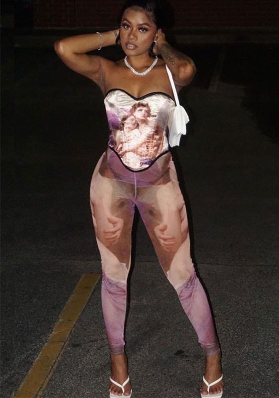 Women Portrait Print Strapless Cutout Backless Lace-Up Jumpsuit