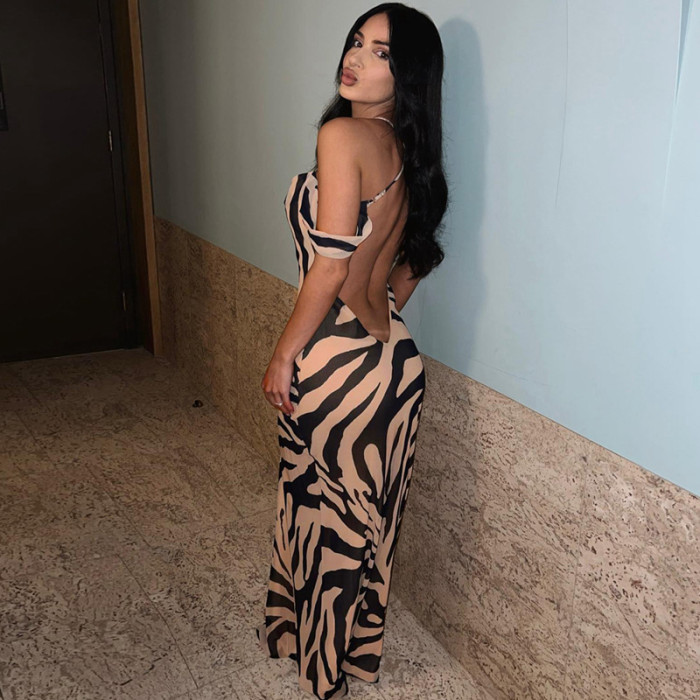 Fashion Printed Slim Dress Autumn Women's Off Shoulder Low Back Strap Dress