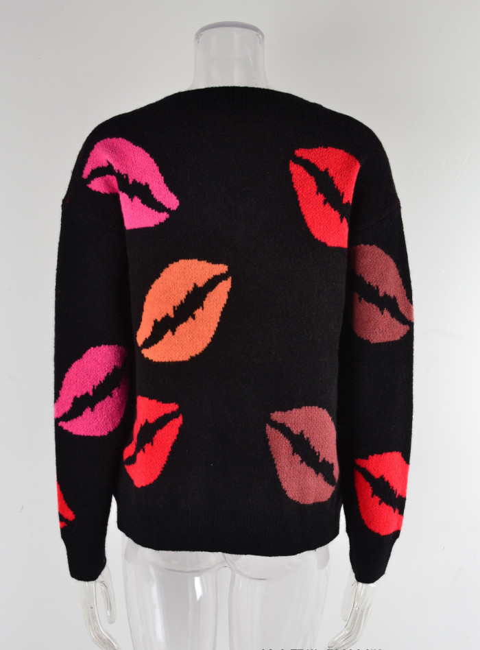 Autumn And Winter Lips Valentine's Day Sweater V-Neck Knitting Pullover Sweater